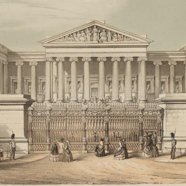 A colour lithograph showing the view of the British Museum from Great Russell Street