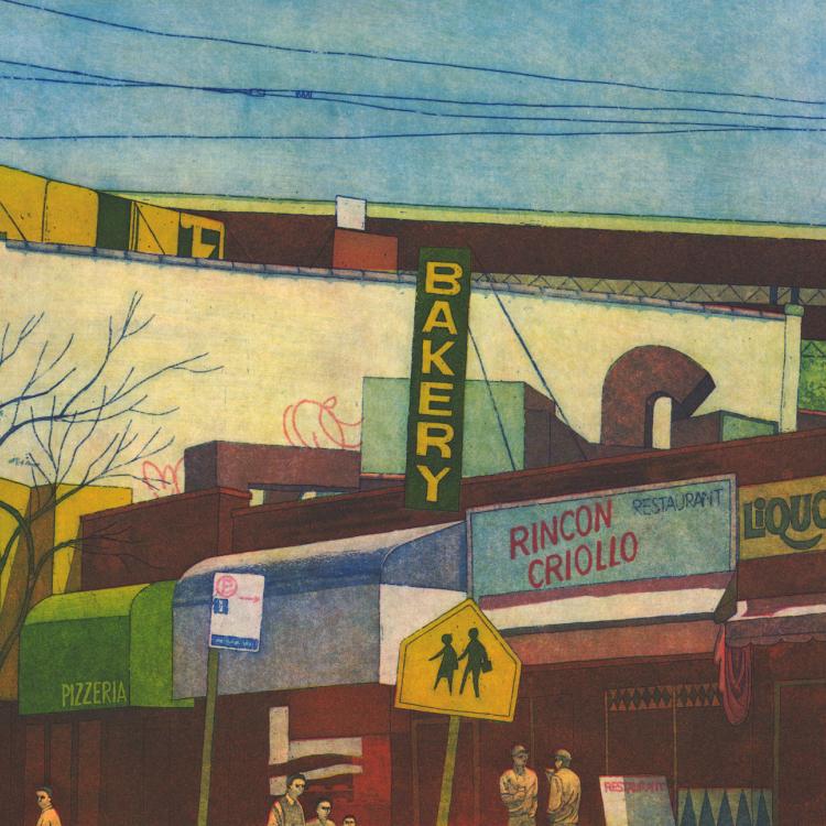 View of street with shop units, signage and figures with tree to left