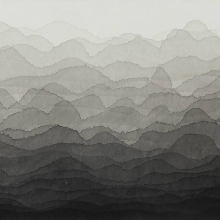 Ink drawing of mountains in black and white