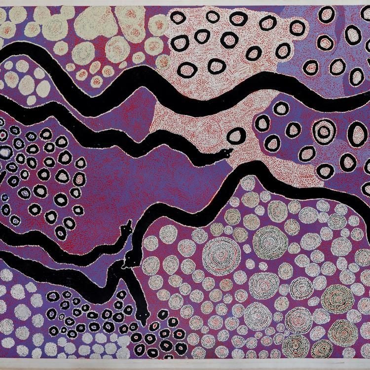 Painting, acrylic on canvas, background of purple, with features of the landscape represented as circular shapes in white and black