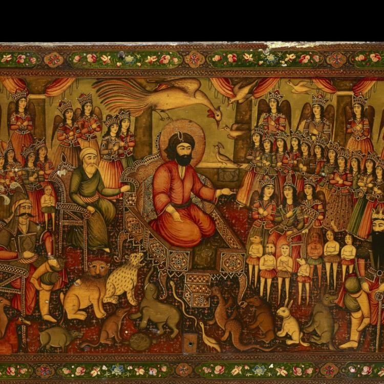 Top of wooden goldsmith's box, painted with scenes of Qajar princes hunting and other courtly or historical scenes