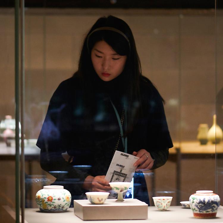 Visitor looking at the displays in Room 95