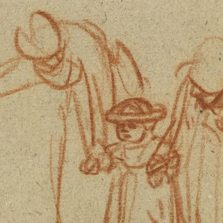 Two women teaching a child to walk; one bending over and pointing