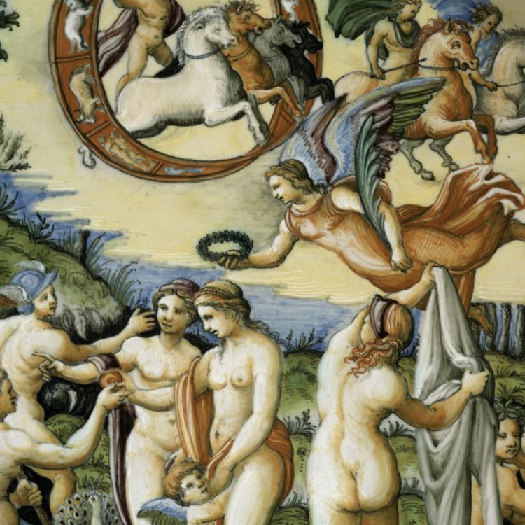Section of dish with painted river-side scene with figures. 
