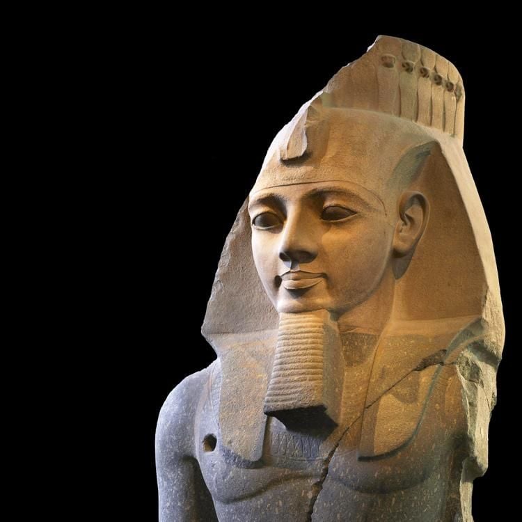 Stone bust of a male Egyptian figure in semi-profile, wearing a nemes headdress and postiche. The top of the head and left arm of the figure has been broken off and the surface of the stone displays a fine mottled texture.