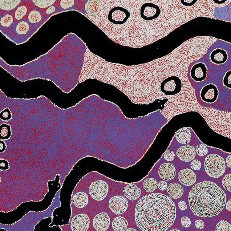 Painting with purple background, with black snakes moving across the composition