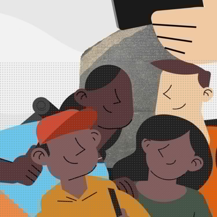 Cartoon family taking a picture in front of the Rosetta Stone.