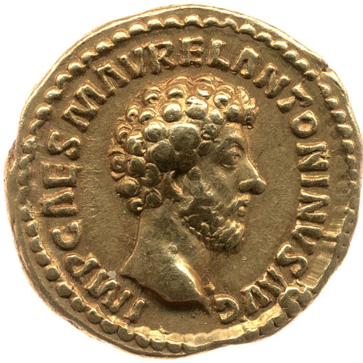 Two sides of a gold Roman coin, one with the side profile of the head of Marcus Aurelius the other shows a human figure standing.