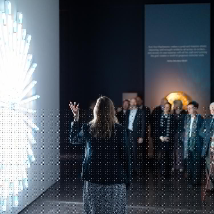 A group of visitors listening to a presenter in front of a white-light display.