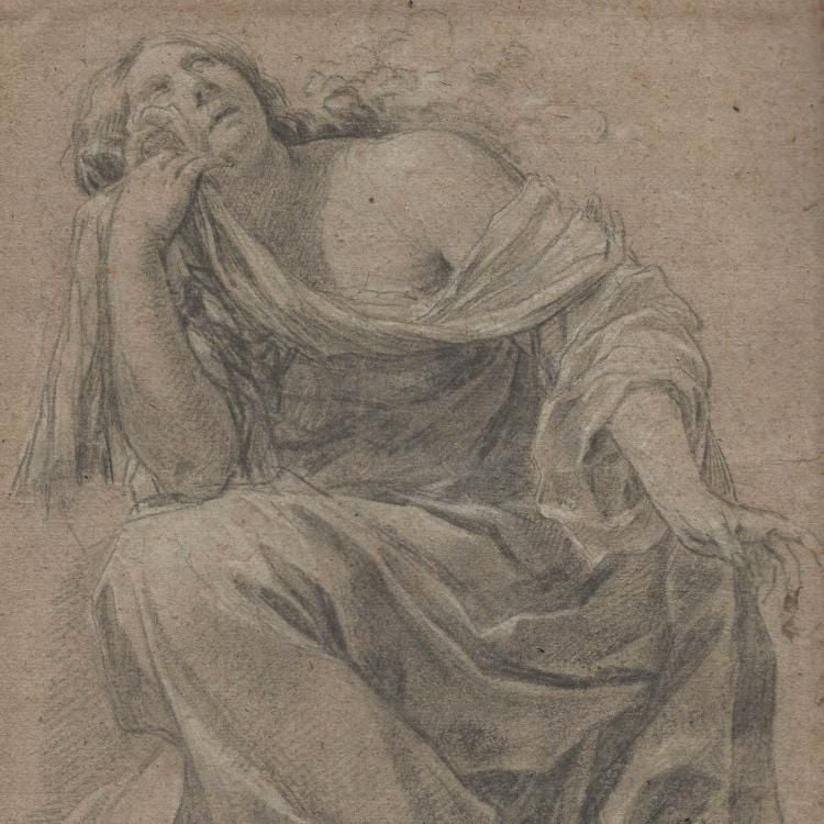 A kneeling woman looking up over her left shoulder, holding a shawl to her eyes with her right hand.