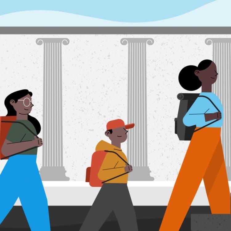 Illustration of a family walking in front of the British Museum