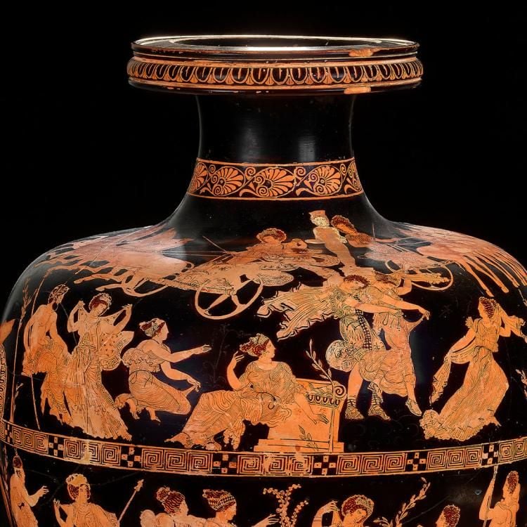 A Greek pot in black and terracotta with scenes of figures seated and standing in a garden, and a horse-drawn chariot, graphic designs, a fluted neck and handles