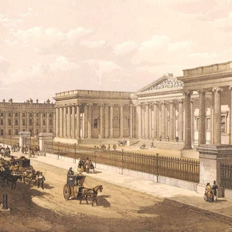 Print of the Museum in 19th century with horses and carriages going past.