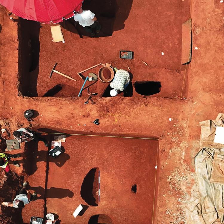 Aerial image featuring people at work, a large umbrella for sun protection,a wheelbarrow and various tools and equipment
