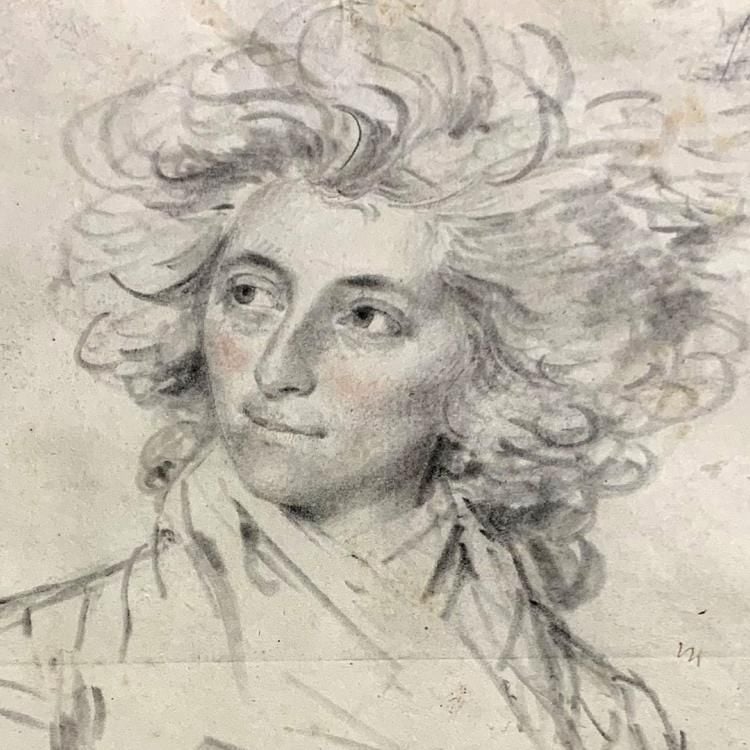 Sketch in charcoal and red chalk of Anne Damer, with large hair and glancing upwards