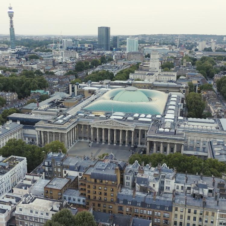Aerial view of the British Museum site at Bloomsbury, showing the main façade of the building and surrounding area.