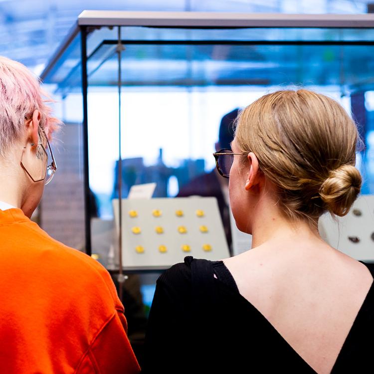 Two visitors seen from the back looking at objects in a glass display case