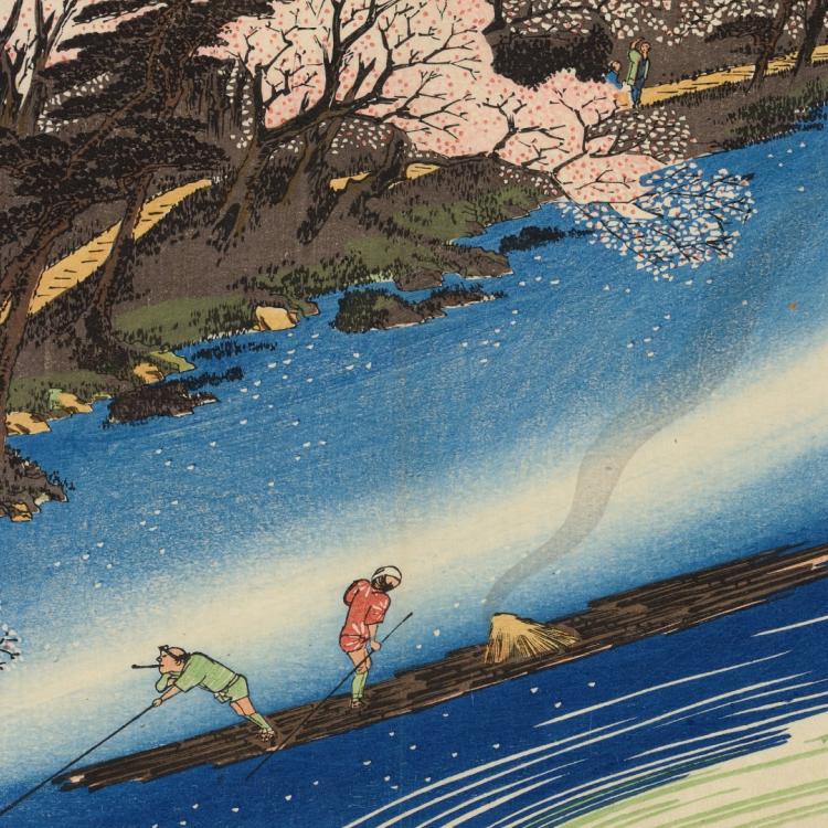 Colour-woodblock print two figures sailing a raft on a river