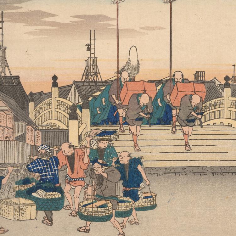 A coloured woodblock print of men crossing the Bridge of Japan. 