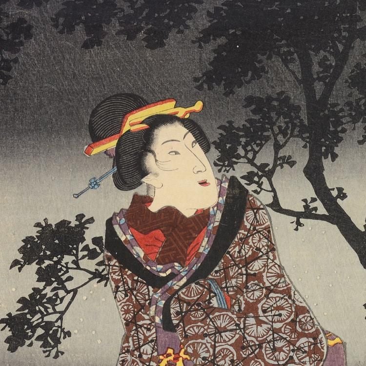 A three-panel colour woodblock print, each panel showing a woman in traditional Japanese dress.