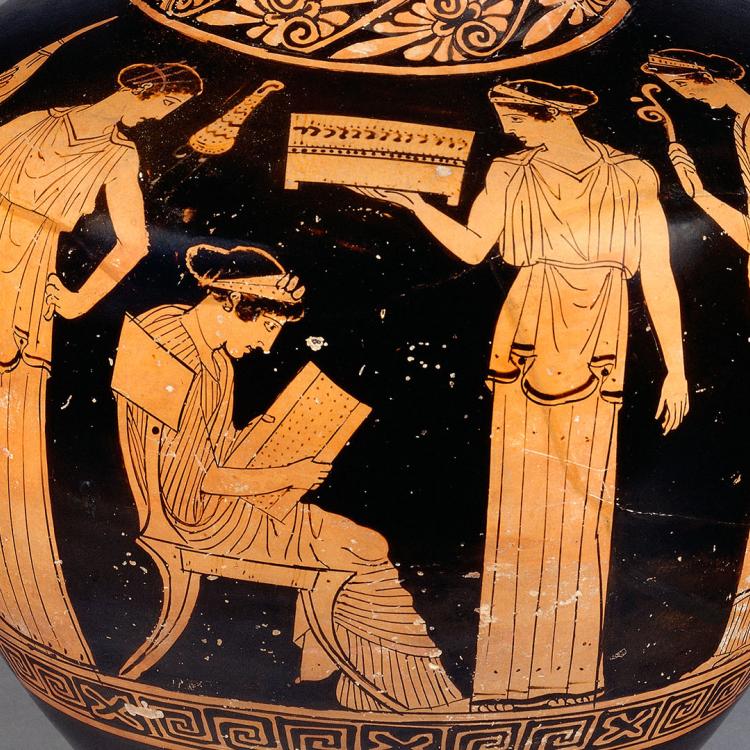 Black and orange classical vase with two short handles. The body of the vase is decorated with a scene of a seated woman reading, surrounded by three standing attendants.