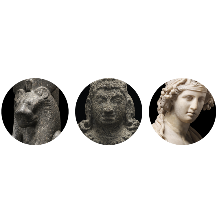 The faces of three statues of ancient gods, each in a circle, on a white background
