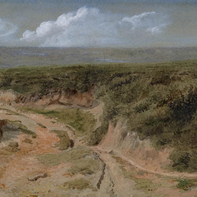 A watercolour painting of a dirt track in scrubland with views over an open landscape beyond by William Turner