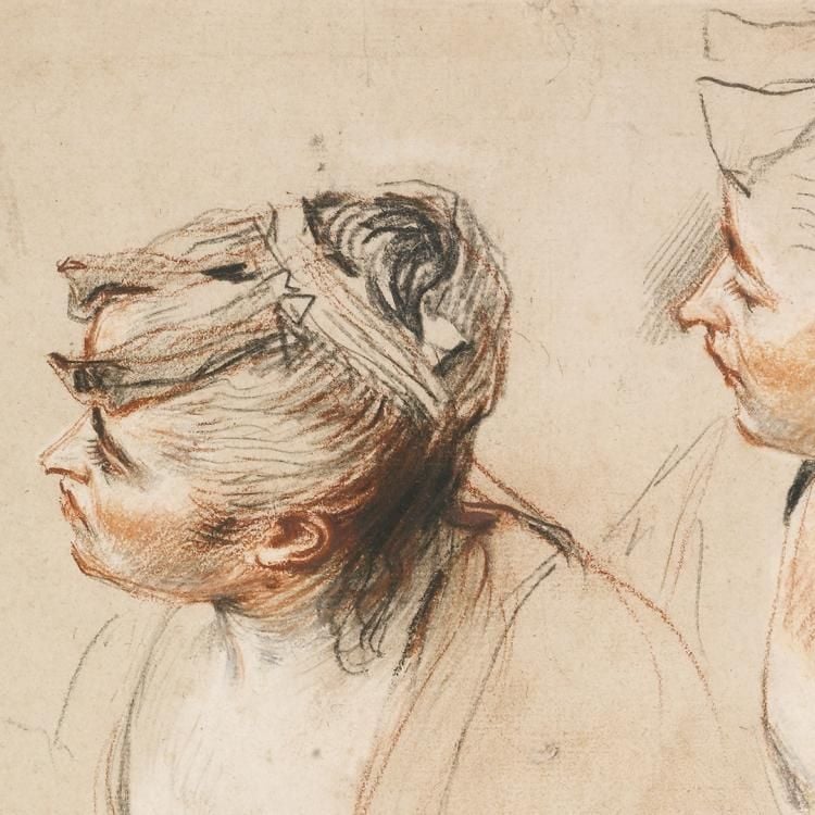 Red, black and white chalk sketch of two women's faces in profile, looking left with their hair tied up in ribbons.