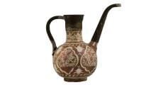 A decorated spouted ewer, with a black handle and spout.