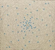 Concentric circles made up of cut-up, printed prayers and small blue squares on linen.
