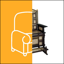 Half-and-half image of the right hand side of a wooden chair with the left hand side showing half of a simple line drawing of an armchair.