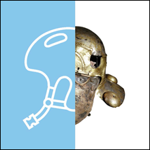 Half-and-half image showing the right half of a Roman military helmet with the left-half drawn as a simple line illustration