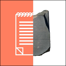 Half-and-half image showing the right half of the Rosetta Stone with the left-half drawn as a simple line illustration of a notepad
