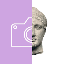 Half-and-half image of the right hand side of a stone sculpture of a woman's head with the left hand side showing half of a simple line drawing of a camera.