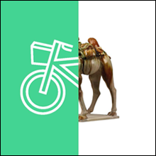 Half-and-half image of the right hand side of camel figure with the left hand side showing half of a simple line drawing of a bicycle.