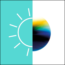 Half-and-half image of the right hand side of a blue, green and yellow multicolour circle with the left hand side showing half of a simple line drawing of a rayed sun.