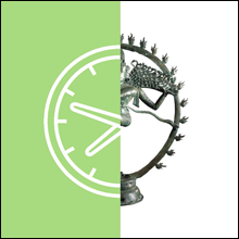Half-and-half image of the right hand side of sculpture of a dancing figure with the left hand side showing half of a simple line drawing of an analogue clock.