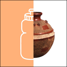 Half-and-half image of the right hand side of a ceramic jug with the left hand side showing half of a simple line drawing of a drinking bottle.