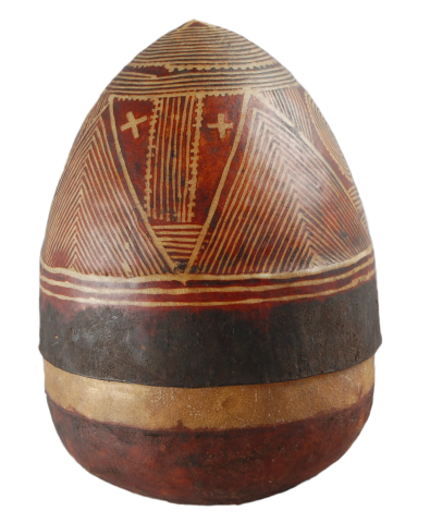 Egg-shaped skin container and lid, decorated with geometric patterns