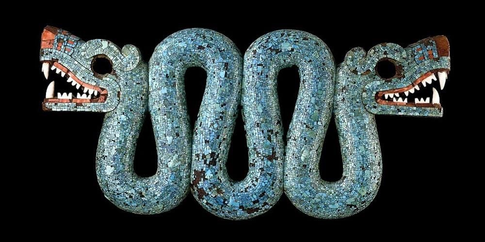 An Aztec turquoise double-headed serpent created during the 15th or 16th centuries BC