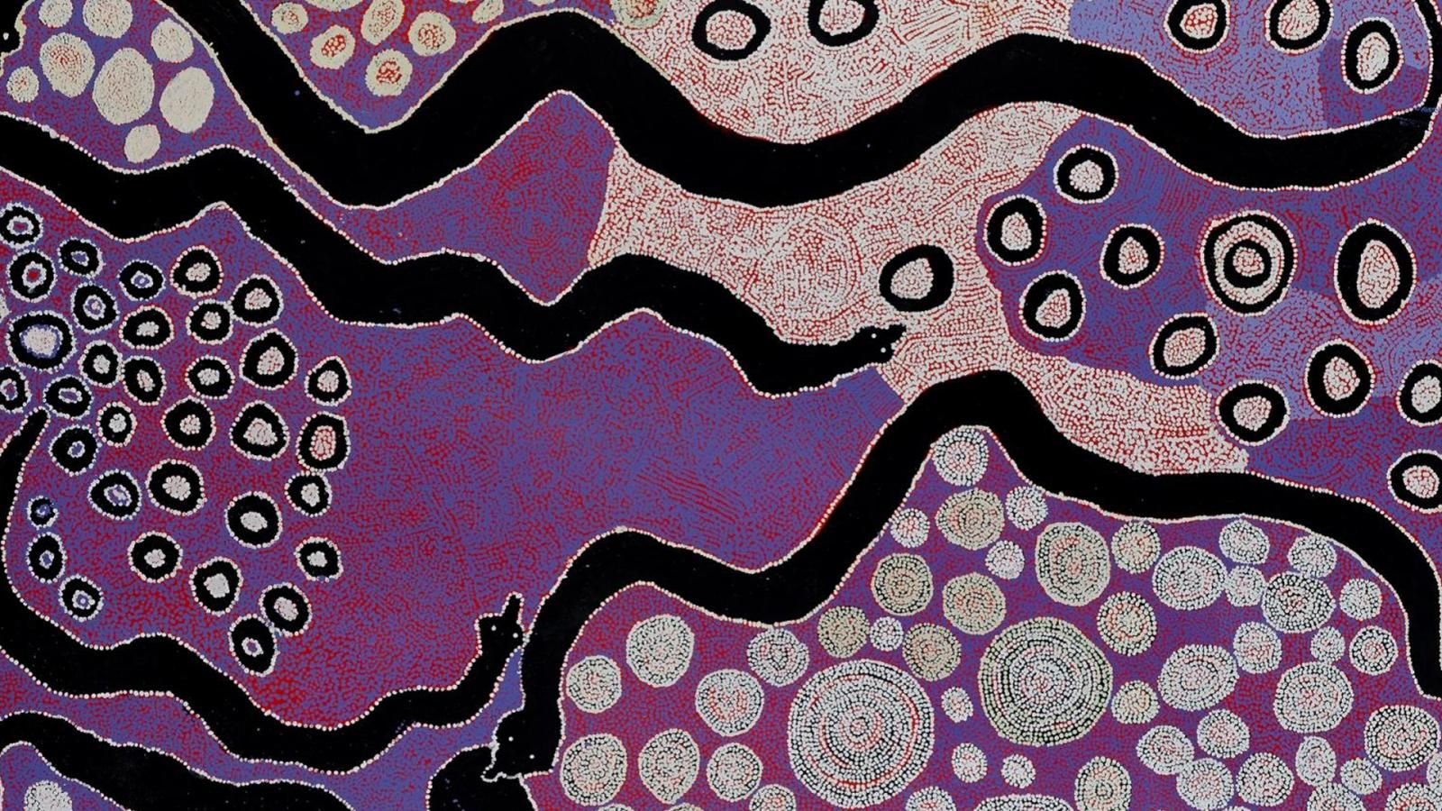 Painting, acrylic on canvas, background of purple, with features of the landscape represented as circular shapes in white and black