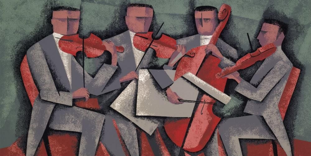 Colour screenprint of four men playing string instruments