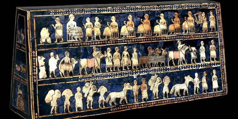 The Standard of Ur, Mesopotamia, decorated on four sides with inlaid mosaic scenes made from shell, red limestone and lapis lazuli, set in bitumen