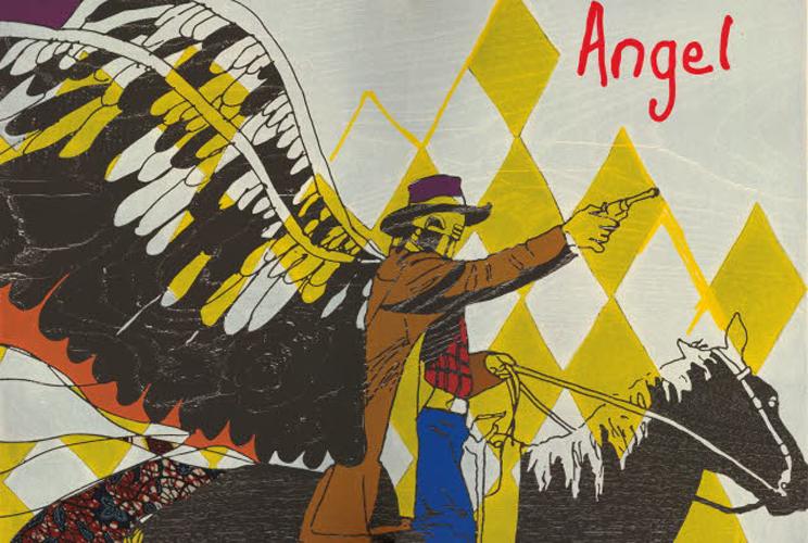 Figure of cowboy angel in profile on horseback, right hand raised, pointing a gun, with collaged fabric in background and 'Angel' in top right; from the series 'Cowboy Angels', five woodcuts, with colophon sheet housed in a portfolio box bound in Dutch wax batik fabric selected by the artist with the title in cursive script blocked in silver on the fabric covering front of box.
