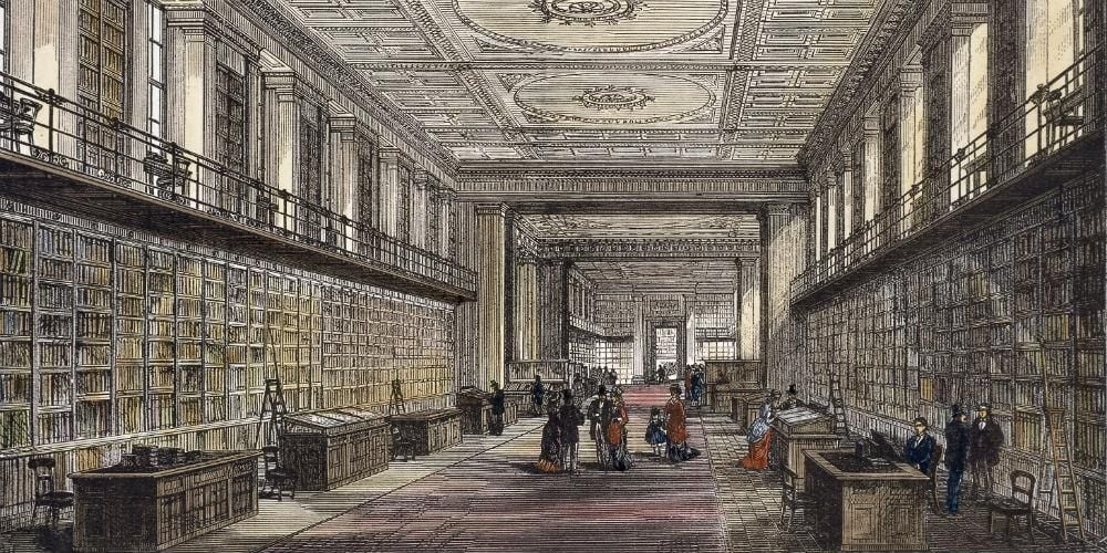 Drawing of the King's Library with visitors