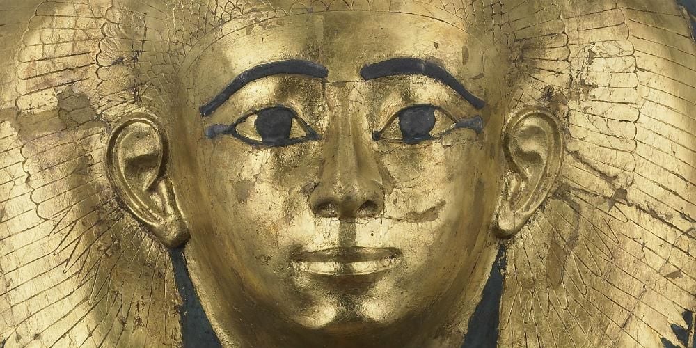 Cartonnage mummy-mask of Satdjehuty: gold leaf-covered female mask