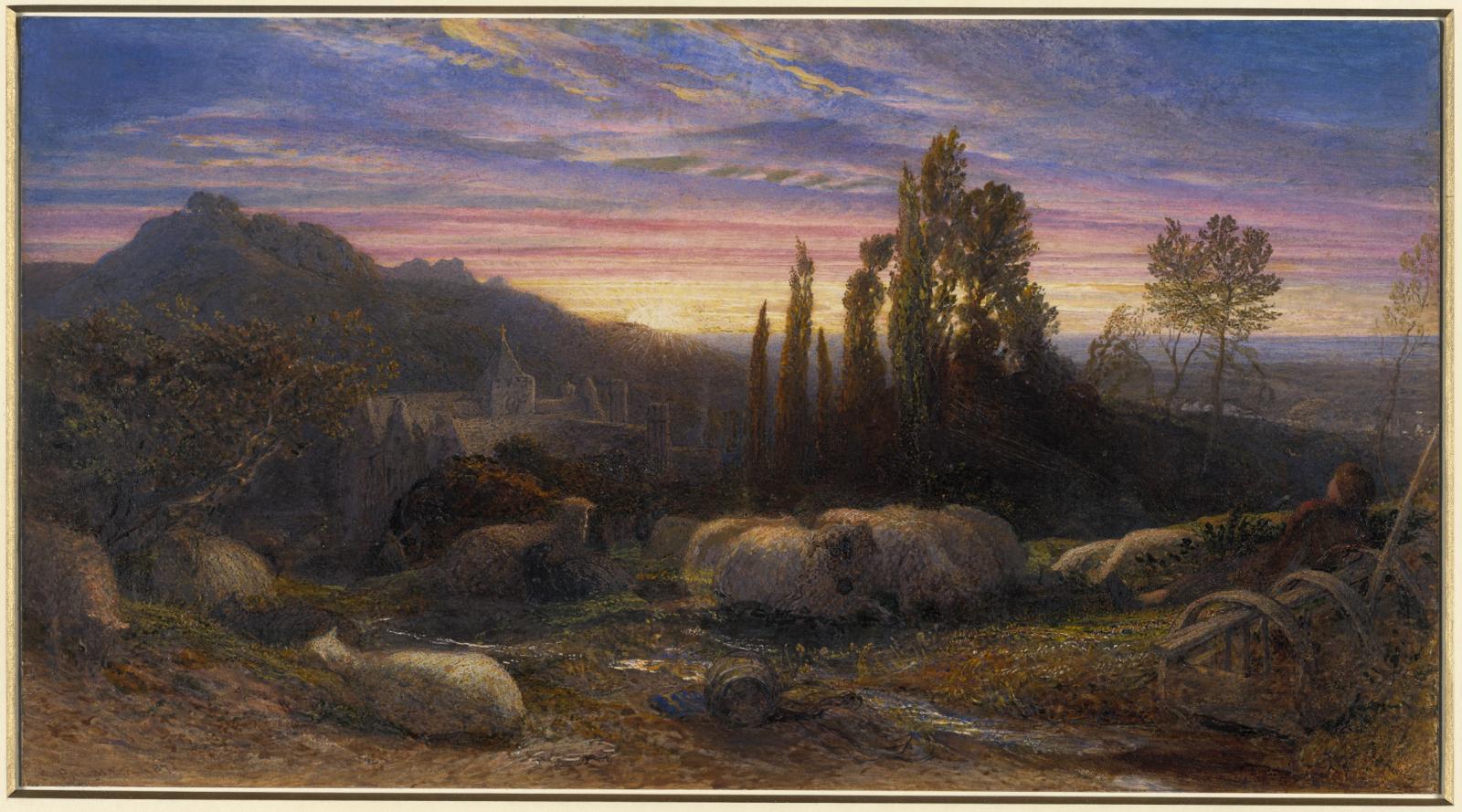 Watercolour showing sunset over a rural scene with sheep in foreground
