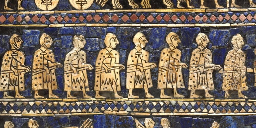 Box with inlaid mosaic scenes made from shell, red limestone and lapis lazuli, set in bitumen, depicting a Sumerian army