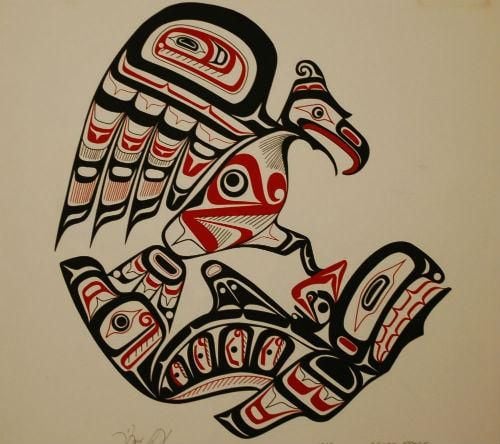 A scene from Kwakwakw'wakw legend in which a thunderbird carries off a killer whale