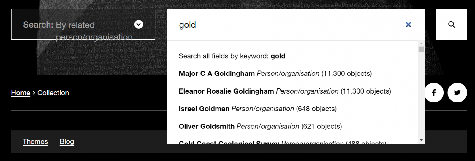 Screen grab of Collection online search showing options to narrow your search.